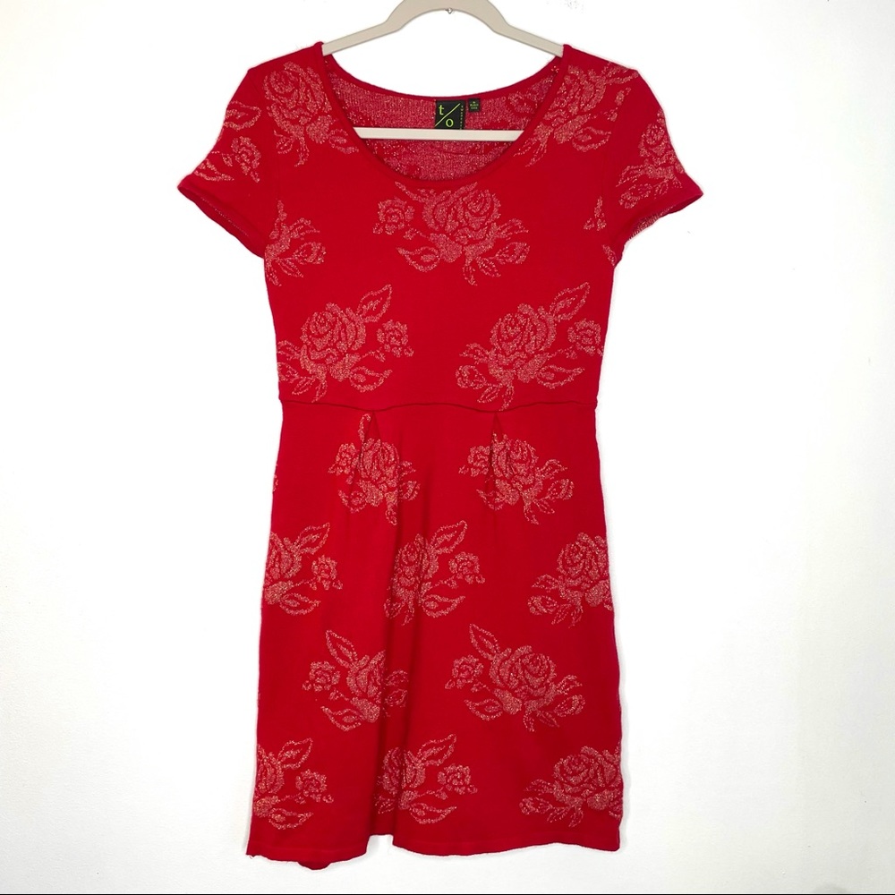 T/O Takeout Gold Metallic Rose Floral Red Knit Sweater Dress Women’s Small